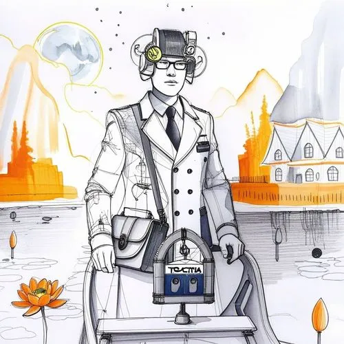 an image of a man standing in front of a desk with a robot on it,camera illustration,geophysicist,seismologist,regenerates,industrialist,telegraphist
