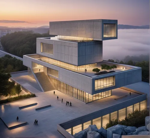 Art museum at dawn,futuristic art museum,modern architecture,glass facade,chancellery,autostadt wolfsburg,archidaily,performing arts center,art museum,jewelry（architecture）,mercedes-benz museum,disney