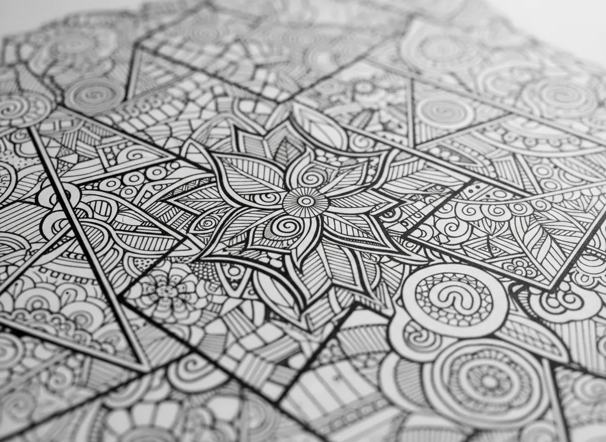 एक मुद्रित Zentangle पोस्टर का क्लोज-अप शॉट, जो AI-जनरेटेड कलाकृति की कुरकुरी, साफ़ रेखाओं और जटिल विवरण को उजागर करता है।