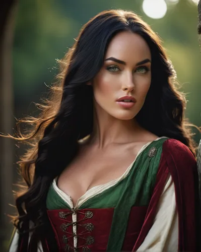 Make a beautiful female with a black long hair and green eyes, make her dressing a medieval dress and a cloak, make her look like Megan Fox,celtic woman,celtic queen,fantasy woman,vampire woman,fantas