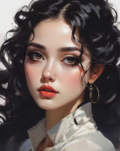 A fair-skinned, pretty girl with big eyes and double eyelids, very long eyelashes, delicate makeup, and long black curly hair，by Brian Stelfreeze,fantasy portrait,girl portrait,jasmine blossom,digital