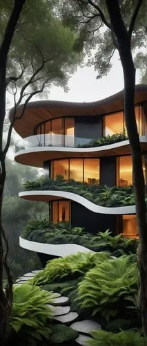 Neri Oxman inspired architecture, futuristic, sustainable, organic curves, wooden accents, natural materials, earthy tones, cantilevered structures, undulating rooflines, green walls, lush vegetation,