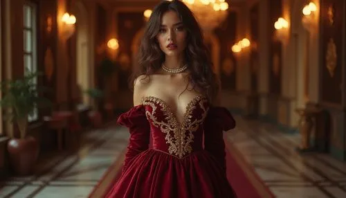 Burgundy luxury, velvet fabric, intricate gold embroidery, ornate accessories, mysterious woman, evening gown, long curly brown hair, smoky eyes, bold red lips, pearl necklace, lavish interior, Baroqu