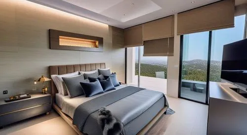 the master bedroom is equipped with modern furniture,modern room,interior modern design,sky apartment,sleeping room,penthouses,bedrooms,guestrooms,luxury bathroom,great room,modern decor,guest room,lu