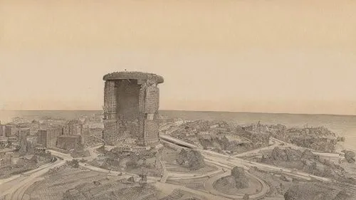 DESENHA NA INTEGRA AS LINHAS SEM ALTERAR A FOTO,an aerial view of a city from the air,metropolis,skyscraper town,destroyed city,vintage drawing,skyscrapers,acropolis,hand-drawn illustration,view of th