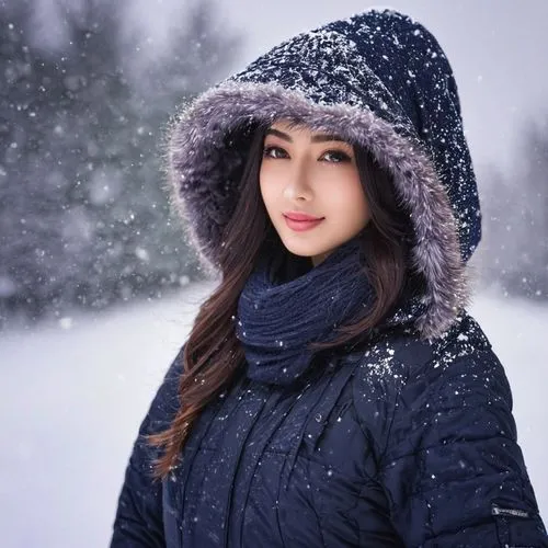 Ｓｕｒｒｅａｌ snowy ｔｒｅｅｓ, ｅｖｅｎｉｎｇ ｓｋｙ , ｂｅｓｔ ｌａｎｄｓｃａｐｅ, ｈａｚｅ, ｆｉｒｓｔ ｓｎｏｗ, Ｆｏｇ, ｔｈｉｃｋ ｆｏｇ
 ｇｏｌｄ ａｎｄ  ｂｌｕｅ ｇｒａｄｉｅｎｔ
 ｄｏｕｂｌｅ ｅｘｐｏｓｕｒｅ ｌａｙｅｒｓ, ｈｉｇｈ ｄｅｇｒｅｅ ｏｆ ｅｆｆｅｃｔｓ ｏｖｅｒｌａｙ ３Ｄ, １６ｋ,an asian woman wearing a co