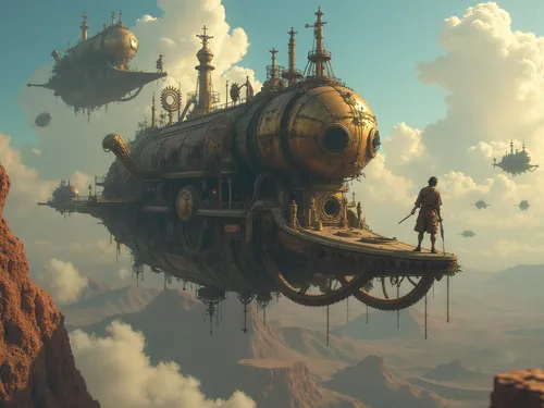 the art work is surreal and fantasy,airships,airship,skyship,fantasy art,3d fantasy,sci fiction illustration,steampunk,fantasy landscape,futuristic landscape,floating island,imaginarium,fantasy pictur