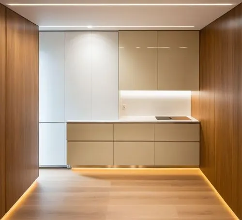 A modern and stylish kitchen featuring a warm combination of cream MDF and wood, creating a cozy and inviting atmosphere. On the right side, there is a double-bowl sink along with a built-in cooktop, 
