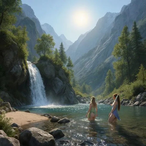 A realistic and detailed depiction of a beautiful little cove in a mountain valley in the heart of summer. Water cascades down a waterfall, forming a small lake that flows into a small river. Rocks an