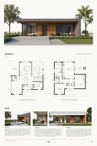 A professional architectural presentation board with a Pure background and a clean, minimalist design layout. The board includes:

Top Section: On the top left, a photorealistic render of a contempora