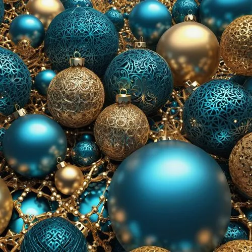 Intricate matrix ornaments 🌊✨, 8K 📺, HD 🌟, high render 🎨.,blue and gold ornaments are arranged together,christmas balls background,ornaments,blue spheres,christmasbackground,baubles,christmas ball