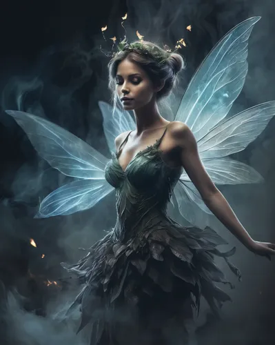 A fairy on a smoky background, facing camera,faery,faerie,fairy,fairy queen,rosa 'the fairy,little girl fairy,rosa ' the fairy,child fairy,evil fairy,aurora butterfly,flower fairy,garden fairy,fairies