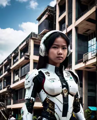 MENGEDIPKAN MATA, ANGIN MENGGERAKKAN RAMBUTNYA, KAMERA BERGERAK KEKANAN,capt,domino,exceed,cyborgs,cybernetics,sprint woman,breastplates,technocrat,paragon,cybernetic,humanoid,cyborg,random access mem