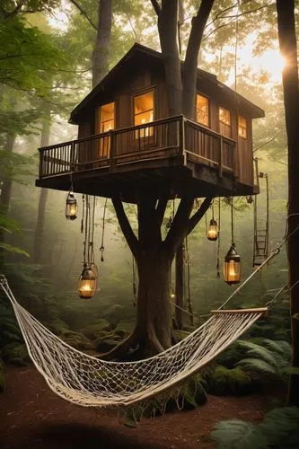 Modern minimalist DIY treehouse, solo, surrounded by dense forest, tall trees with exposed branches, wooden planks, ropes, pulleys, lanterns, hammock, outdoor furniture, natural materials, earthy tone