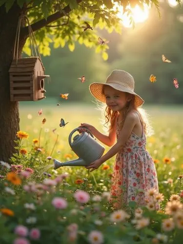 A cheerful teenage girl in her sunlit garden, wearing a floral dress and a wide-brimmed hat. She’s watering her blooming flowers with a vintage watering can, surrounded by colorful butterflies and a s