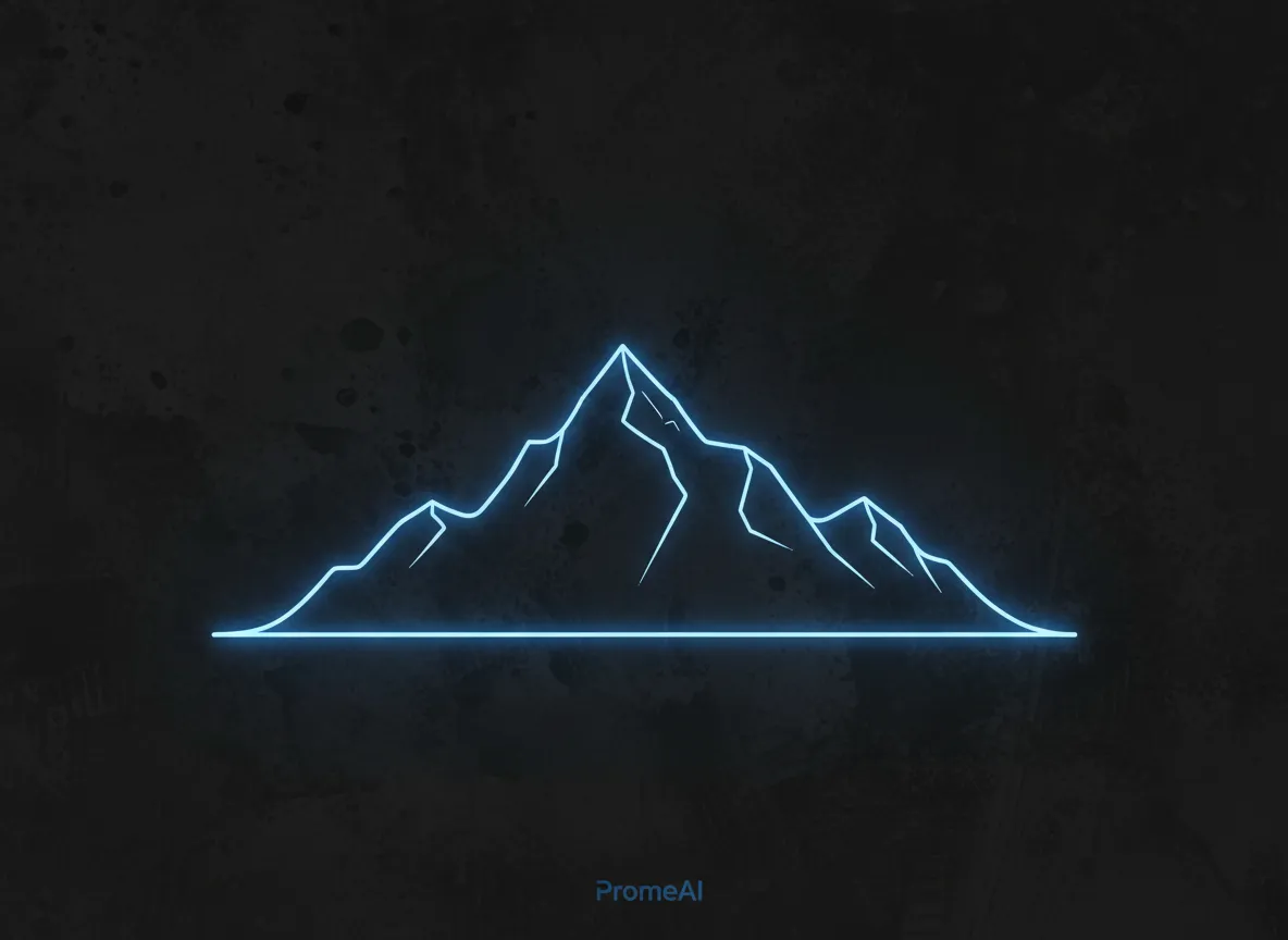 Ein mit PromeAI erstelltes minimalistisches Plakat, das eine einzelne leuchtende Linie zeigt, die eine Berglandschaft vor einem dunklen, texturierten Hintergrund bildet.