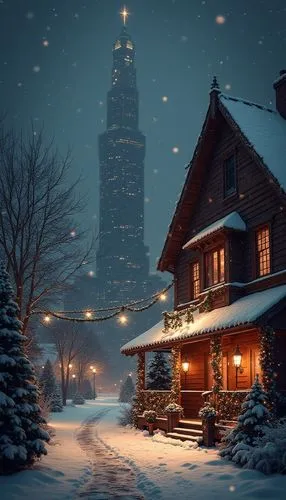 A magical Christmas wallpaper featuring cozy exterior, styled with monochrome tones, evoking a festive and cheerful atmosphere.,the building is lit up during a snowy night,winter night,winter house,wi