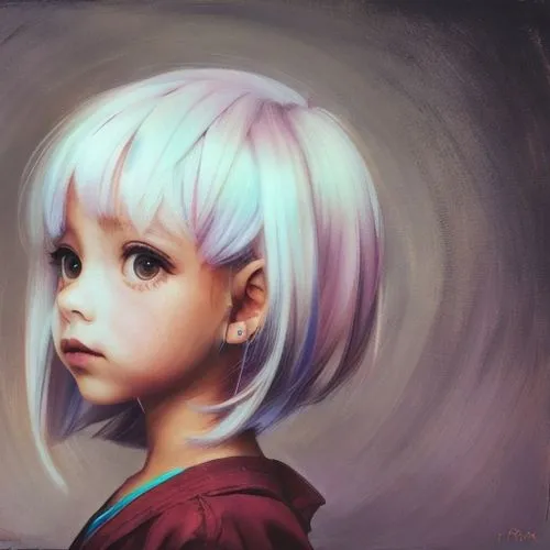 A girl,child portrait,digital painting,girl portrait,mystical portrait of a girl,violet head elf,fantasy portrait,child girl,world digital painting,chalk drawing,portrait background,aqua,violet,rei ay