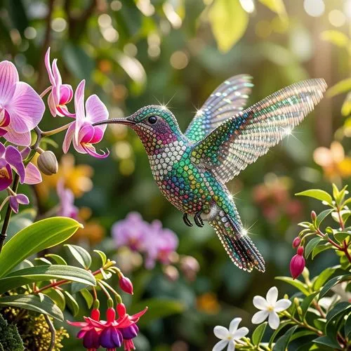 Una adorable, tierno colibri de recubierta en su totalidad de hermosa y diminuta pedreria brillante. El colibri, parece elegante, sus alas revolotean. La iluminación es brillante, haciendo que el coli