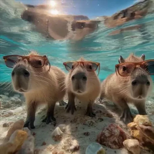The three capybaras in the picture keep swimming fast in the direction of the camera, the camera pulls away as they get closer, the one in the middle swims faster, the other two follow the one in the