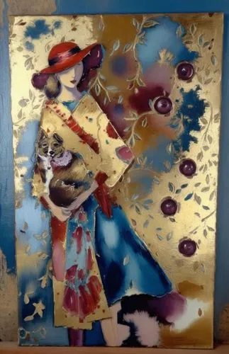 Дама в шляпе с собачкой,painting depicting a woman with a cat and cherry tree in background,glass painting,fabric painting,enameling,copper frame,spray paint,gold foil art
