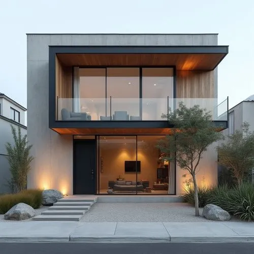 A minimalist, two-story modern home characterized by clean geometric lines and a balanced combination of materials—smooth concrete, matte black metal framing, and vertical natural wood cladding. The f