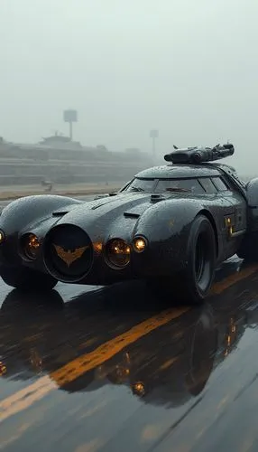 Batman's tank-like car design is equipped with a large tire cannon and a jet engine with speeds reaching 300 km per hour,a concept car is on the road in the rain,etype,batmobile,viper,motorstorm,shelb