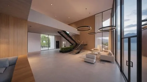an indoor space with lots of windows and stairs,interior modern design,modern living room,modern room,luxury home interior