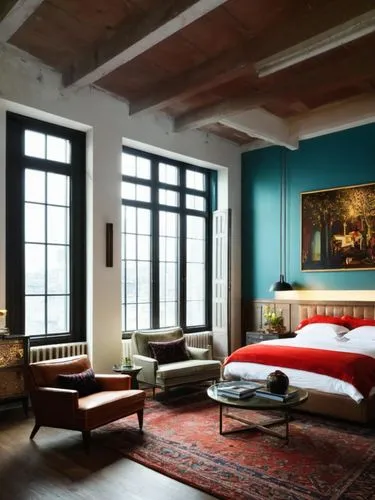 صورة لغرفه  من الداخل نريد توليد ديكور وتصور جديد وحديث لتصميم الداخلي للغرفه,a bed sitting inside of a bedroom under a window,ornate room,danish room,interior decor,great room,loft,bedchamber