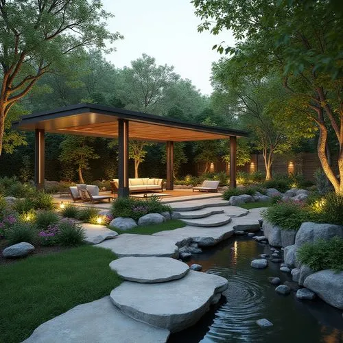 "A serene, beautifully landscaped garden featuring a blend of modern and traditional elements. Include a large central pergola with elegant, lightweight roofing, surrounded by lush greenery, flowering
