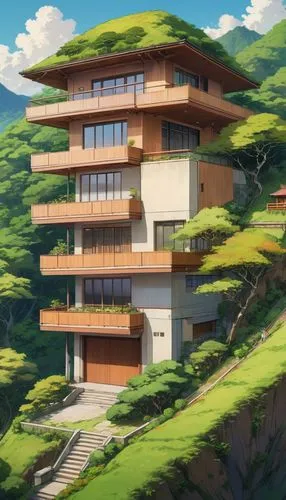 A detailed oil painting: a modern, minimalist house with four floors, brown wood, and a sloped roof, stands on a gentle slope. The warm-hued hill and greenery add warmth, while the composition's symme