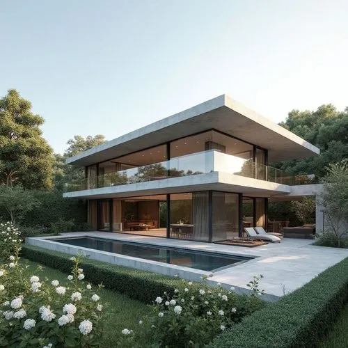 Design ONLY a three-story modern minimalist villa. Never generate a two-story building. The building must have three full visible floors with strong horizontal cantilevered volumes and floor-to-ceilin