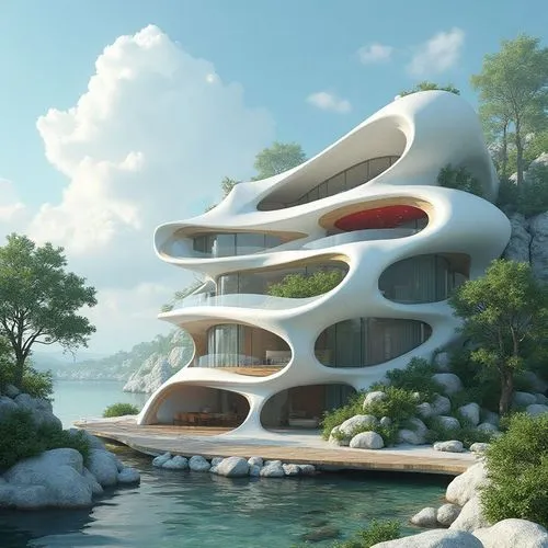 A detailed 3D render, an ethereal masterpiece of architectural marvel: An intricate white house with a red and white roof rises above a wooden platform. The blue sky, flanked by fluffy clouds, complem