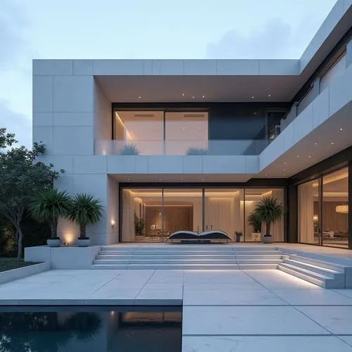 A hyper-realistic, high-resolution architectural photograph capturing a grand, ultra-modern luxury mansion at twilight. The building’s façade is composed of smooth white stone panels contrasted with s