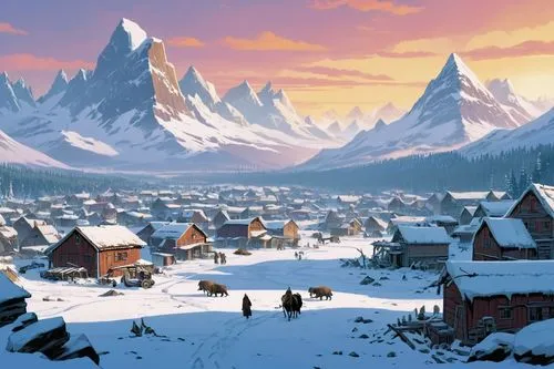  Game Scene, Wild angle view,syberia,winter village,alpine village,mountain village,winterfell,dawnstar,aurora village,icewind,rendalen,elves country,northrend,erebor,hovden,riftwar,santa's village,mo