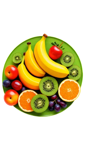 Colorful fruit, clip-art style, bright shiny surface, juicy texture, vibrant colors, apple, banana, orange, grapes, cherry, kiwi, strawberry, mixed arrangement, circular composition, soft focus, warm 