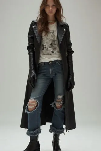 "A beautiful 19-year-old woman stands confidently, embodying a striking blend of normalcy and bold fashion choices. She wears a long, non-leather coat made of soft, casual fabric, with sleeves that en