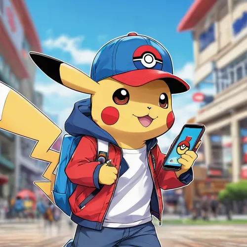 Pokemon pikachu with red and black cap on with pokeball on cap in the kanto region with small boy wearing a blue jacket and holding a rotom phone,pokemon go,pokemongo,pikachu,pika,pokémon,pokemon,pixa