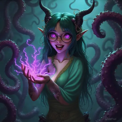 an artistic portrait of a girl in a green dress with horned horns and lightning,ursula,medusa gorgon,medusa,scylla,tentacles,alani,eldritch,llyra,fantasy portrait,blackarachnia,illithids,prospal,cthul