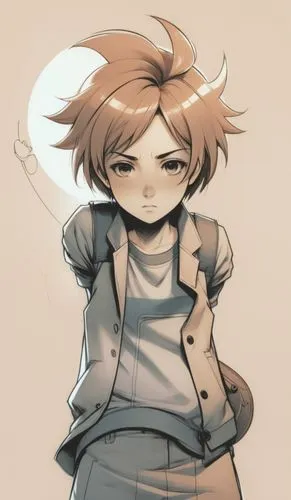 Illustration plate vectorielle d'un personnage d'anime minimaliste aux contours noirs soignés épais. Le personnage présente des proportions humaines réalistes, avec des cheveux coupe garçone. Vêtement
