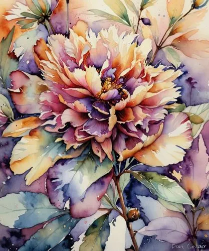 Пион,a large, colorful flower is on display in the water,watercolor flower,watercolor flowers,filled dahlias,flower painting,watercolor floral background,dahlias