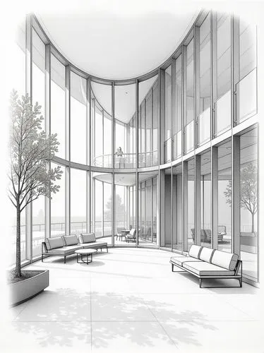 an architural hand sketch of a curved glass corner wall in the lobby of an office building designed by Lachapelle & D’ travollo with modern furniture and lounge seating, monochrome scheme, interior de