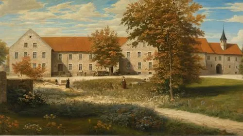 Oil painting, Lucas Cranach the Elder style, landscape, Renaissance, Middle Ages, impasto painting style, sunny summer weather, depicts the administrative building of a German monastery in old Germany