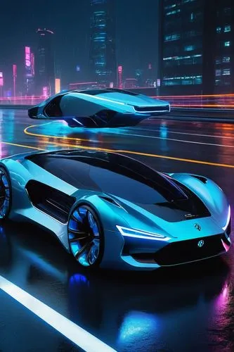 Futuristic AI car, shiny metallic body, glowing blue lines, LED headlights, sporty wheels, low-profile tires, aggressive stance, speeding, city highway, nighttime, neon lights reflecting off the wet a