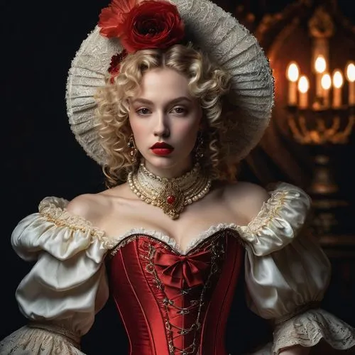 Elegant portrait of a figure with porcelain skin, blonde curly hair and red lips, wearing an elaborate Victorian-inspired corset dress in cream, coral and gold with dramatic puffed sleeves and intrica