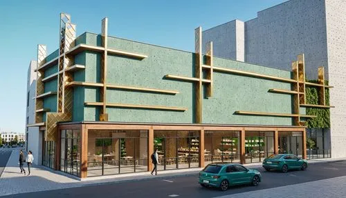 A 3d rendering of a modern, contemporary building with a unique architectural design. the building is located on a street corner, with a clear blue sky in the background. The exterior of the building 