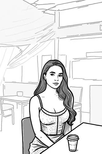 a drawing of a girl seated at a table,woman at cafe,coffee tea drawing,woman drinking coffee,barista,coffee shop,coffee tea illustration