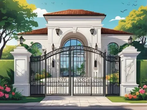Luxurious modern villa, sleek lines, grand entrance, tall windows, white marble walls, black iron gates, lush green garden, blooming flowers, curved driveway, parking lot, bright sunlight, dramatic sh