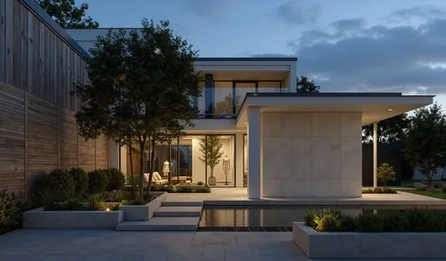 A photo-realistic shoot from the front about a modern, minimalist house with a contemporary design, featuring a large tree in the middle of the image. the house is a two-story, modern building with a 