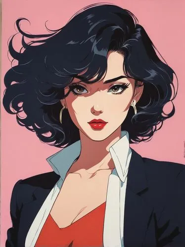 Create a full body portrait of a woman in the Japanese retro anime style of the 80s and 90s. The scene features a top model with wild hair, exuding confidence and allure. She stands in a dynamic pose 